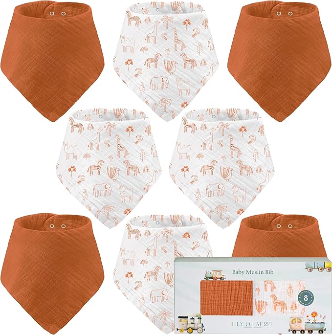 LILY O LAUREL Muslin Baby bibs for drooling and teething, 100% cotton, Bibs for baby girl, Muslin bibs for boys (8 Pack)