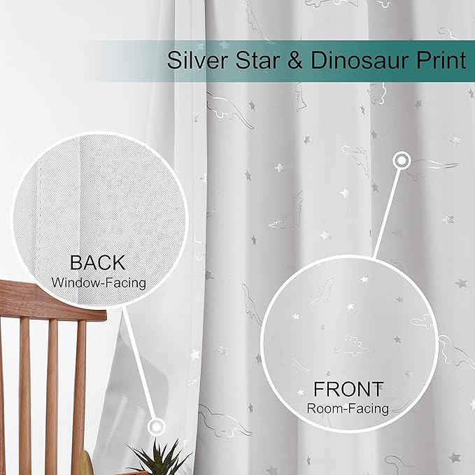 LORDTEX Dinosaur and Star Foil Print Blackout Curtains for Kids Room - Thermal Insulated Curtains Noise Reducing Window Drapes for Boys and Girls Bedroom, 52 x 45 Inch, Greyish White, 2 Panels