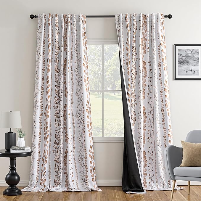 MEETSKY Blackout Curtains 84 Inches Long Leaves Patterned Farmhouse Thermal Insulated Privacy Protection Drapes with Rod Pocket Back Tab for Bedroom Living Room, 2 Panels, 50" Wide, Khaki