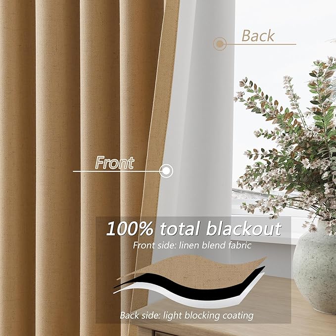 Guken 100% Blackout Linen Curtains 108 Inch Length 2 Panels Set for Living Room Bedroom Back Tab Thermal Insulated Black Out Linen Drapes Room Darkening Window Curtains,Camel Brown