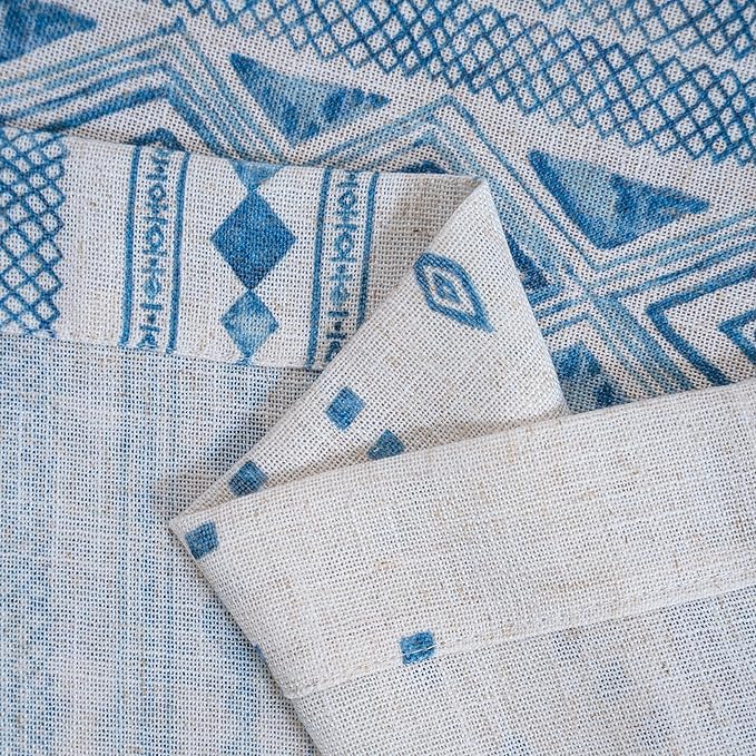 MYSKY HOME Boho Sheer Curtains Linen Look 95 inches Long for Dining Room Bohemian Geometric Striped Style Farmhouse Home Decor Light Filtering Privacy Back Tab Drapes, 50'' Wide, Blue, 2 Pcs