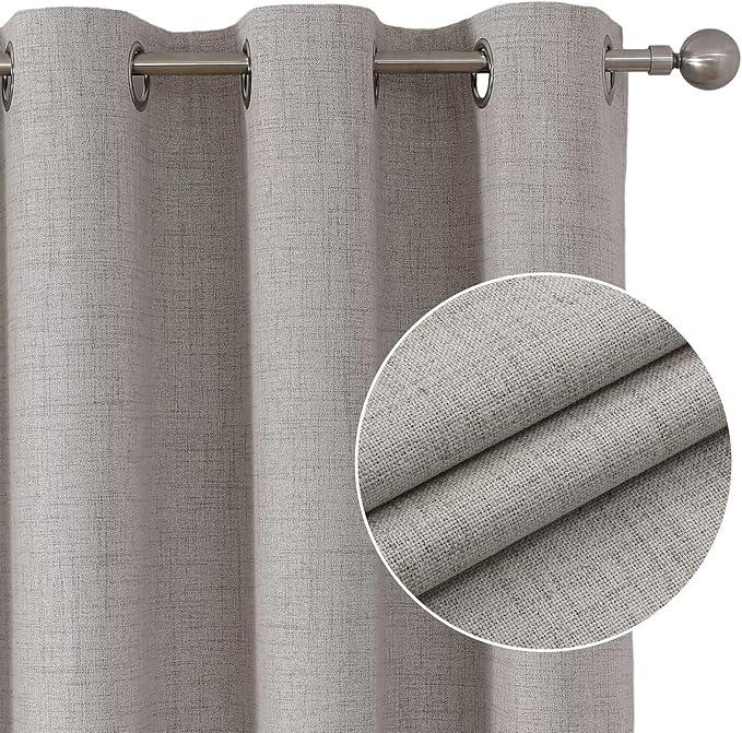 Joydeco Greyish White Blackout Curtains 90 Inch Long 2 Panels Set, Faux Textured Linen Thermal Insulated Burlap Curtain & Drapes, Grommet Room Darkening Drapes for Bedroom Living Room