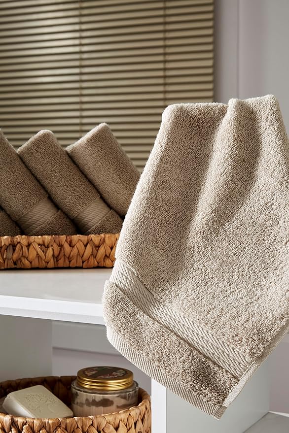 Ozdilek 6-Piece Washcloth Set 13x13 100% Turkish Cotton, 600 GSM, Soft, Gentle on Sensitive Skin, Multi-Purpose Use, Washable, Reusable, Ideal for Baby Care & Spa 6 Towels (Seahorse Beige)