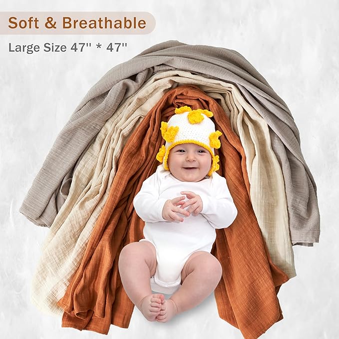 3-Pack 100% Cotton Muslin Swaddle Blankets, Large 47 x 47 Inches — Breathable Soft Receiving Blankets for Newborns, Swaddling Wraps, Registry Gift (Earth Tone Neutrals)