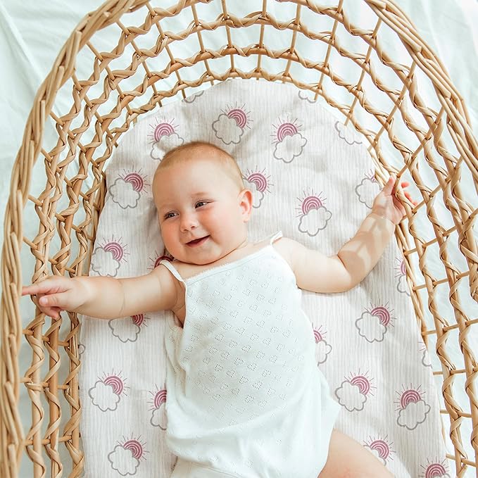 Muslin Bassinet Fitted Sheets, 2 Pack for Baby Boy and Girl, Soft Breathable Baby Pad/Mattress Sheet, Fit for Hourglass Oval and Rectangle Bassinet Mattress (Pink Cloud)