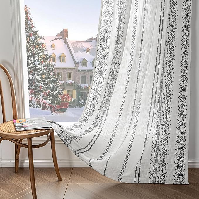 MEETSKY Boho Curtains 84 Inches Long for Living Room Bohemian Geometric Printed Linen Style Curtains Light Filtering Rod Pocket Window Back Tab Cotton Drape for Dining Room 2 Panels