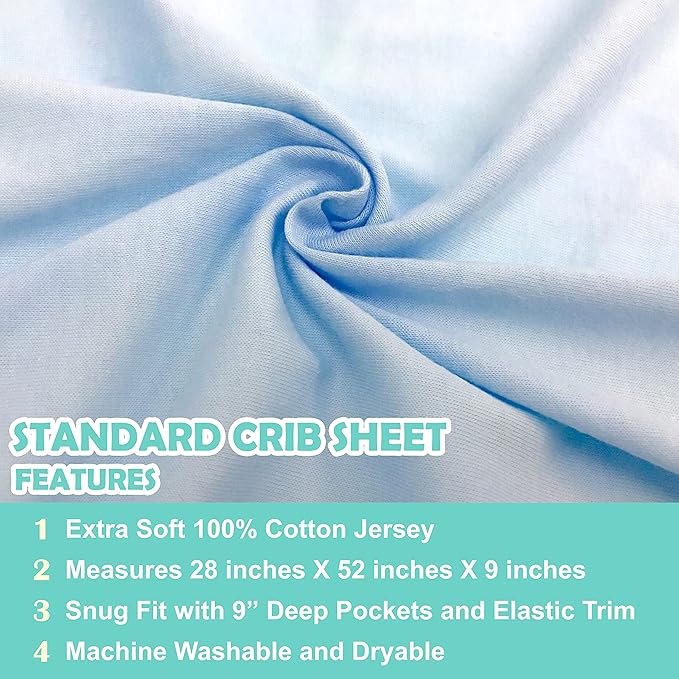 American Baby Company 2 Pack 100% Natural Cotton Fitted Crib Sheets 52" x 28" - Soft, Breathable, Hypoallergenic & Gentle Toddler Bed Sheets, Blue and White, Neutral for Boys & Girls