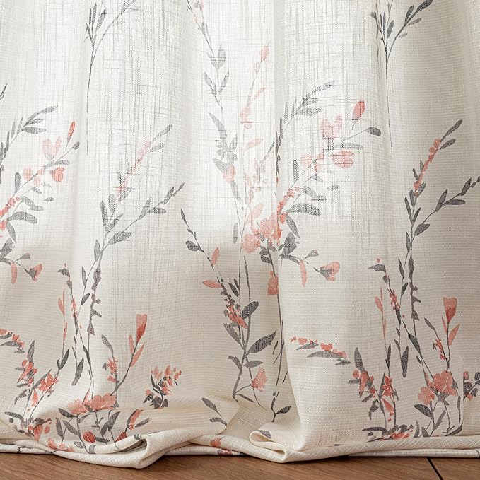 MYSKY HOME 108 Inches Long Ceiling Curtains Sheer Linen Blend Window Curtain for Living Room Light Filtering Privacy Assured Floral Farmhouse Drapes for Home Decor, Wide 50 by Long 108, Coral, 2 Pcs