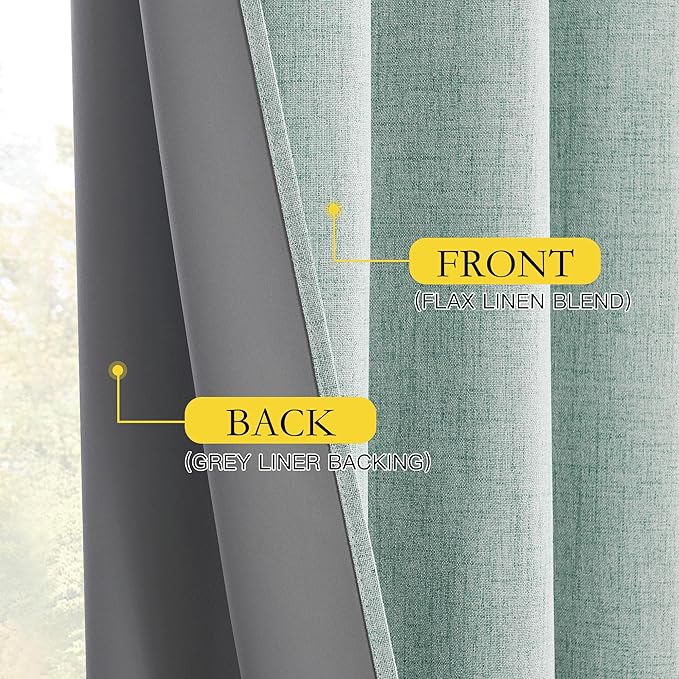 NICETOWN 2 Panels Seafoam Green Linen 100% Blackout Curtains for Living Bedroom 42 x 36 Inch Rod Pocket Style, Thermal Insulated & Light Blocking Drapes, Modern Farmhouse Window Treatment for Nursery
