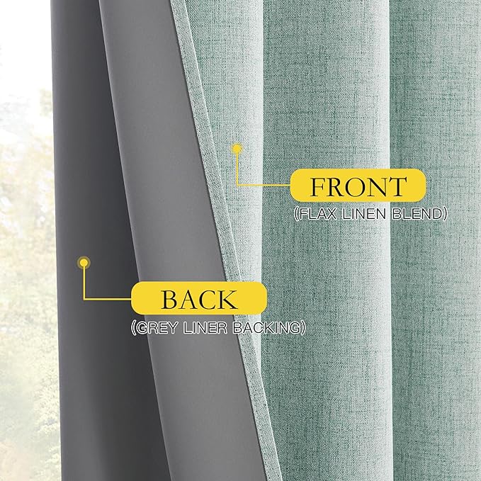 NICETOWN 2 Panels Seafoam Green Linen 100% Blackout Curtains for Living Bedroom 42 x 63 Inch Rod Pocket Style, Thermal Insulated & Light Blocking Drapes, Modern Farmhouse Window Treatment for Nursery