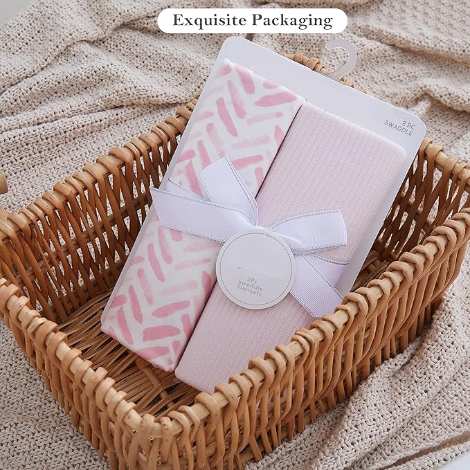 Viviland Jersey Swaddle Blanket, Ultra Soft Stretchy Receiving Blanket, Baby Girl Newborn Rainbow Swaddle Wrap, 40 x 30 inches, 2 Pcs, Pink Leaf