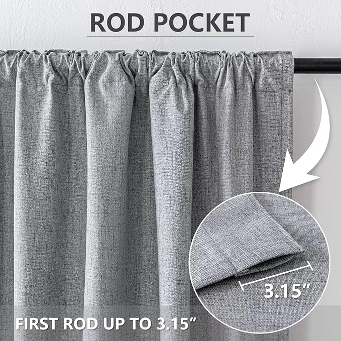 100% Blackout Curtains 90 inch Length 1 Panel Faux Linen Long Drapes for Bedroom Living Room Black Out Room Darkening Curtain Thermal Insulated Back Tab Rod Pocket(W100 x L90, Light Grey)