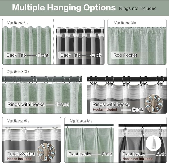 RAIN CITY Light Green Linen Blackout Curtains 108 Inch Long for Living Room,2 Panels Pinch Pleated Drape with Hooks Back Tab Boho Decor, Textured Full Black Out Curtains for Bedroom 50 x 108