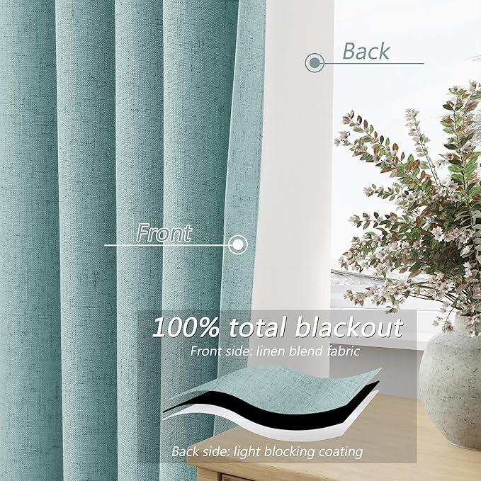Guken 100% Blackout Linen Curtains 80 Inch Length 2 Panels Set for Living Room Bedroom Back Tab Thermal Insulated Black Out Linen Drapes Room Darkening Window Curtains,Light Blue