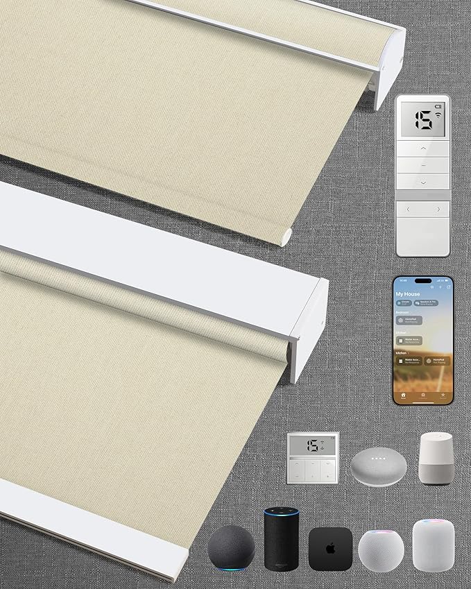 Kincmo Motorized Blinds with Remote,100% Blackout Motorized Roller Shades Work with Apple Homekit,Alexa,Google, Custom Electric Blinds with App,Voice Control (Dual Sided Beige)