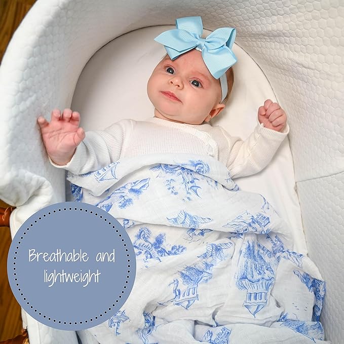 LollyBanks Muslin Swaddle Blankets 2PACK, 100% Cotton Baby Blanket 47 x 47 Inches, Large Baby Swaddle Breathable, Muslin Blankets for Girls (Pink Bow and Chinoiserie Print)