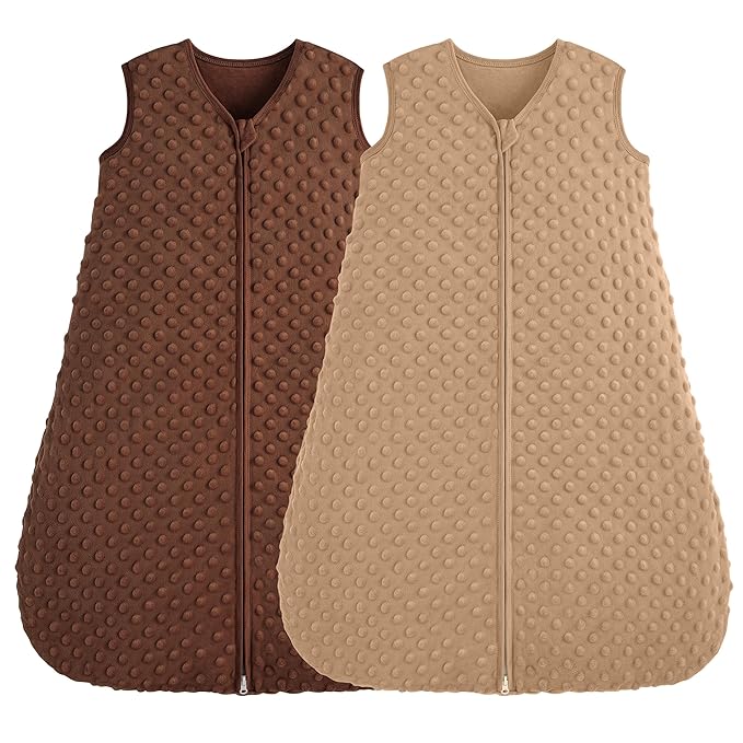 FIEMOL Fleece Baby Sleep Sack 18-24 Months, 1.5 TOG Cotton Baby Wearable Blanket With Soft Plush Dots, 2 Pack Newborn and Infant Warm Sleeping Sack with 2-Way Zipper Brown&Coffee