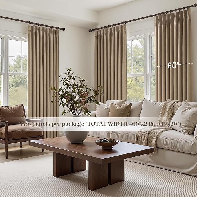 Curtains 60 Inch Length Wide Pinch Pleated Black Out Curtain 84 Inch Long for Living Room, Farmhouse Rust Brown Linen Thick Burlap Boho Bedroom Heavy Insulated Window Drapes (60"W x 84"L x 2Panels)