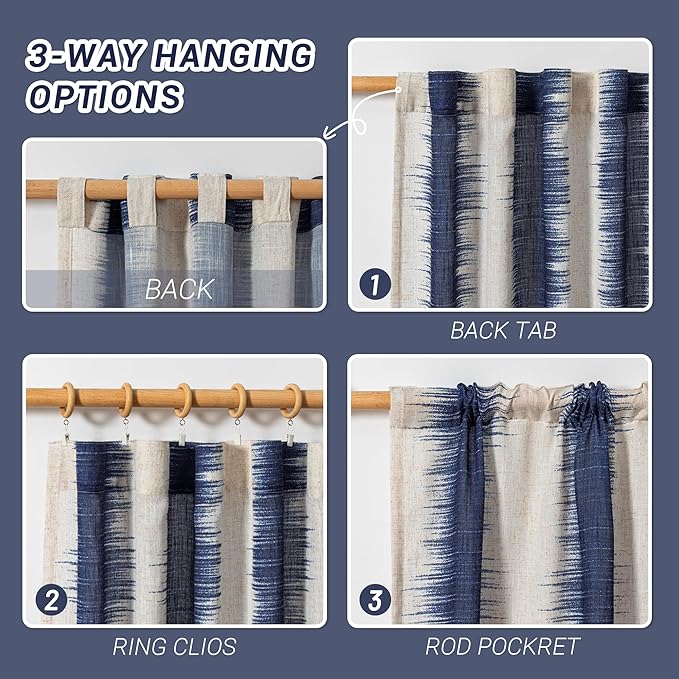 MYSKY HOME Navy Blue Curtains 95 Inch Length 2 Panels Set, Soft Touch Semi Sheer Lines Printed Linen Look Curtains & Drapes, Soft Light Filtering Privacy Protect, 50"x95", Navy Blue, 2 Pieces