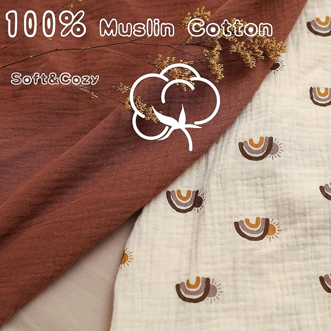 Breathable Muslin Crib Sheets for Boys 2 Pack Organic Cotton Crib Sheets Neutral for Baby Girls Soft Sheets Fitted Toddler Bed&Standard Crib Mattress 28"x 52"(Brown&Rainbow)