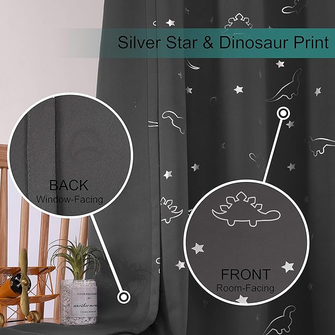 LORDTEX Dinosaur and Star Foil Print Blackout Curtains for Kids Room - Thermal Insulated Curtains Noise Reducing Window Drapes for Boys and Girls Bedroom, 42 x 63 Inch, Grey, Set of 2 Panels