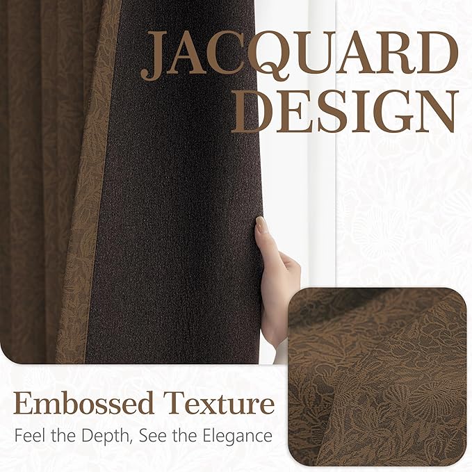 Metro Parlor Brown Floral Blackout Curtains 63 Inch Length for Bedroom, Jacquard Chenille Patterned Vintage Flower Curtains for Living Room Darkening Thermal Insulated Grommet Window Drapes, 2 Panels