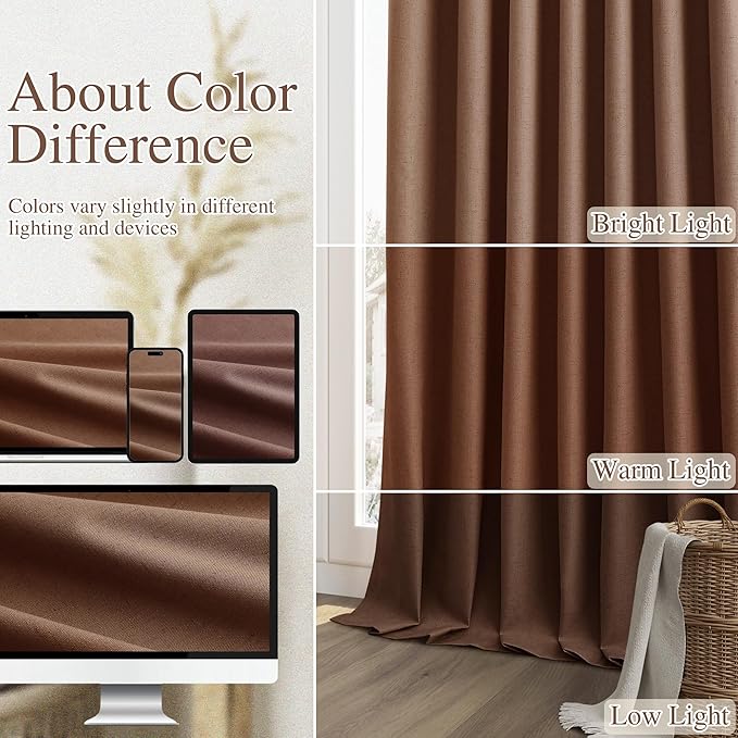 Guken 100% Blackout Curtains 108 Inch Length 2 Panels Set for Living Room Bedroom Back Tab Thermal Insulated Black Out Linen Drapes Room Darkening Window Curtains Rustic Brown 52x108