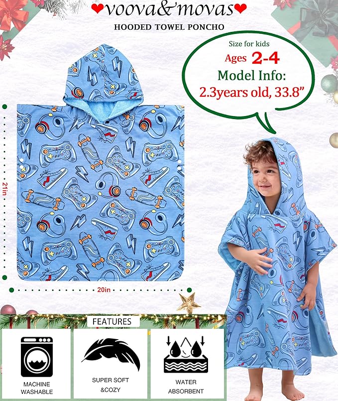 VOOVA & MOVAS Double-Layered Thick Baby Hooded Towel Poncho (2-4 Years, 20x21 Inches) | Ultra Soft & Absorbent Cotton Toddler Bath Towel for Swimming, Beach, Shower & Winter,Game