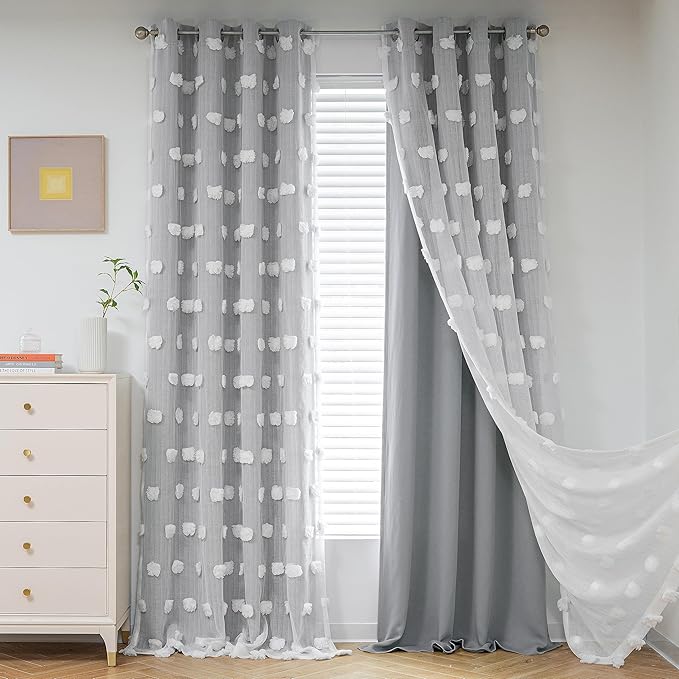 MYSKY HOME Living Room Curtains, 84 Inch Long Grey Blackout Curtains with Pom Pom Trim, Double Layer Sheer Drapes for Kids Room, W52 x L84