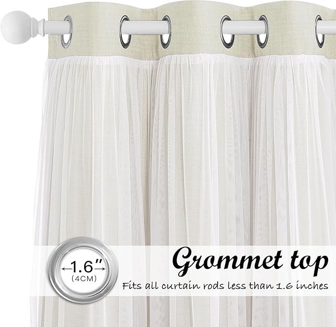 NICETOWN Linen Semi Sheer Curtains for Bedroom, Double Layer Curtains Light Filtering Elegant Grommet Top Curtains & Drapes for Living Room, 52 x 84 Inch Length, Set of 2 Panels, Natural