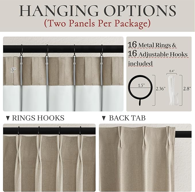 GreyBeige Black Out 54 Inches Long Boho Small Curtains 2 Panels Set, Farmhouse Short Curtain for Bedroom/Bathroom/Kitchen Thermal Insulated Flax Linen Pinch Pleated Bay Window Drapes (40"Wx54"L)