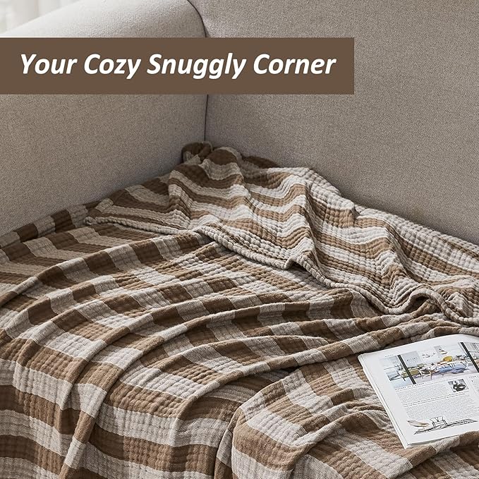 EMME Cotton Muslin Queen Blanket Bed Layering Bedspread Coverlet Breathable Gauze Soft Lightweight Adults (Striped Brown, 90"x90")