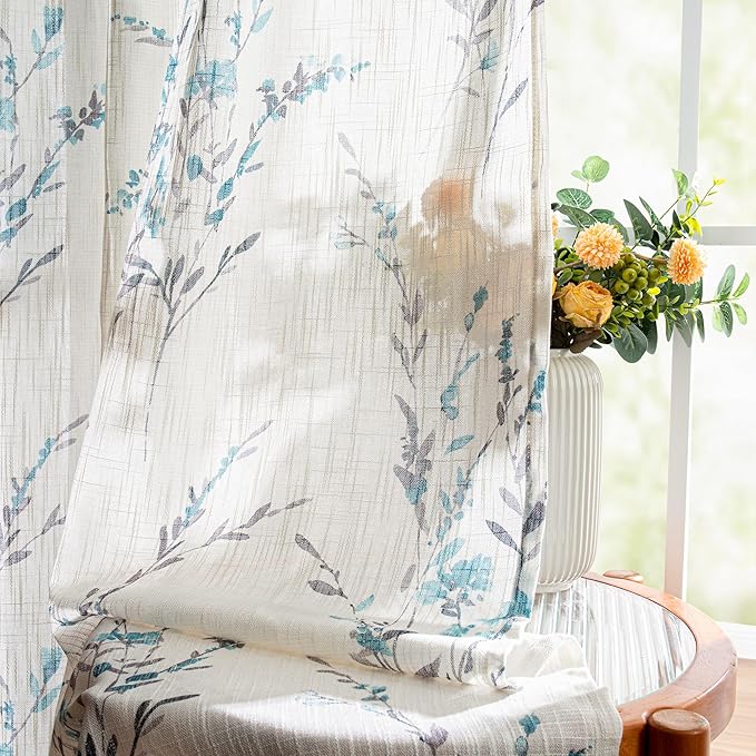 MYSKY HOME Linen Sheer Curtains 84 inches Long for Living Room Window Curtains Light Filtering Privacy Protect Farmhouse Style Decorative Texture Soft Touch for Dining Room/Cafe, Teal, 2 Pcs