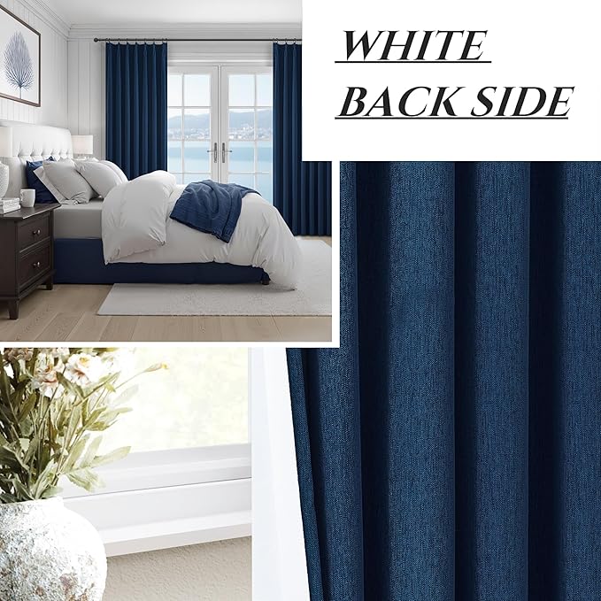 Navy Blue Blackout Curtains 96 Inch Length for Kids/Boys Rooms/Bedroom, Pinch Pleated Drapes with Hooks Viral Linen Thermal Coastal Curtain Dark Blue Window Burg (40" Wx96 Lx 2 Panels)