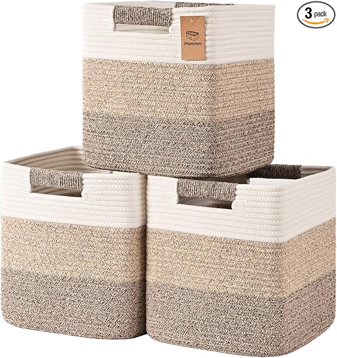 11 Inch Storage Cubes, 3 Pack Cube Storage Bins for Organizing, Cotton Rope Woven Baskets for Shelves, Bathroom, Kids Room, Closets, Baby Nursery