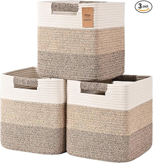11 Inch Storage Cubes, 3 Pack Cube Storage Bins for Organizing, Cotton Rope Woven Baskets for Shelves, Bathroom, Kids Room, Closets, Baby Nursery