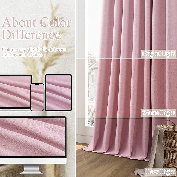 Guken 100% Blackout Curtains 96 Inch Length 2 Panels Set for Living Room Bedroom Back Tab Thermal Insulated Black Out Linen Drapes Room Darkening Rose,52x96