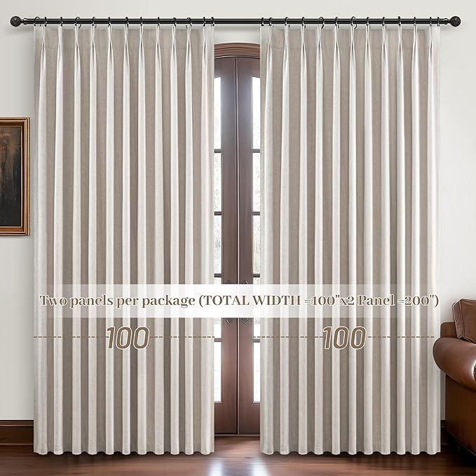 Pinch Pleated Blackout Curtains 100 Inches Extra Wide for Living Room, Thick Heavy Duty Linen Blend Tan Viral Large Window Curtain for Sliding Glass Door Thermal Natural Drapes (100"Wx96"Lx 2Panels)