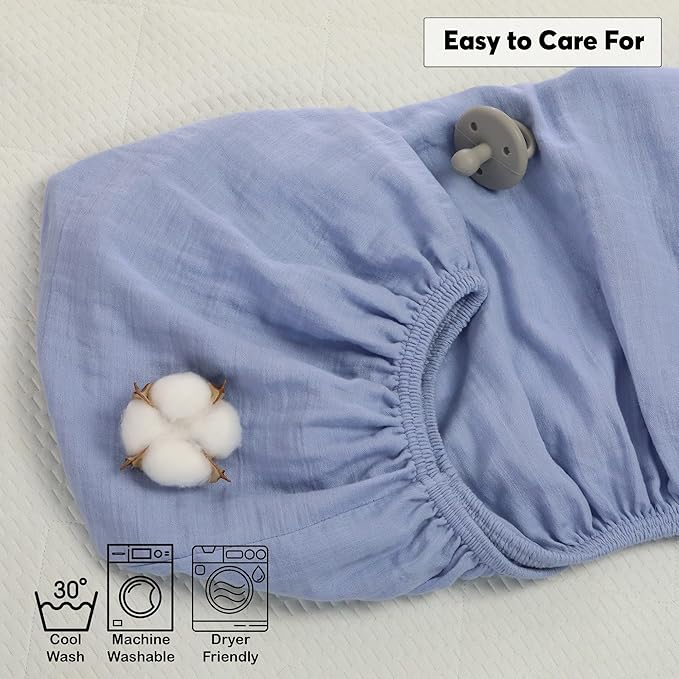 Muslin Baby Crib Sheets Fitted -Crib Sheets Neutral Turkish Cotton, Ultra Soft & Breathable -Organic Cotton Crib Sheets for Boys & Girls, GOTS & Oeko-TEX® Certified (52x28, Dreamy Blue &Cloudy Gray)