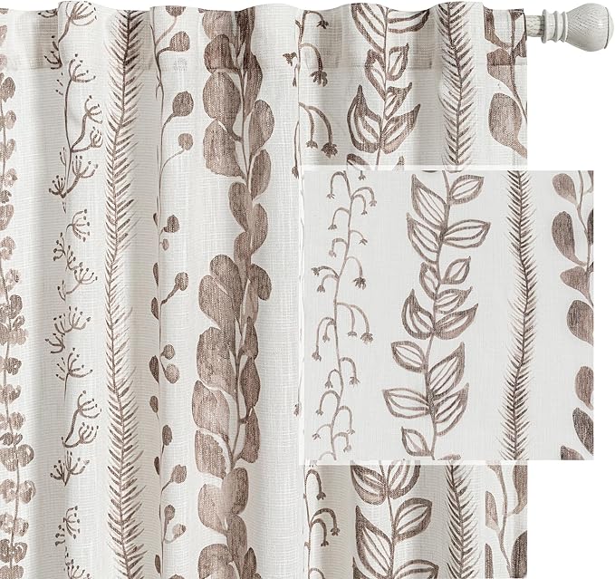 MEETSKY Brown Sheer Curtains 72 Inches Long 2 Panels Boho Curtains for Living Room Light Filtering Patterned Drapes for Bedroom Linen Style Back Tab Leaf Print Window Treatment