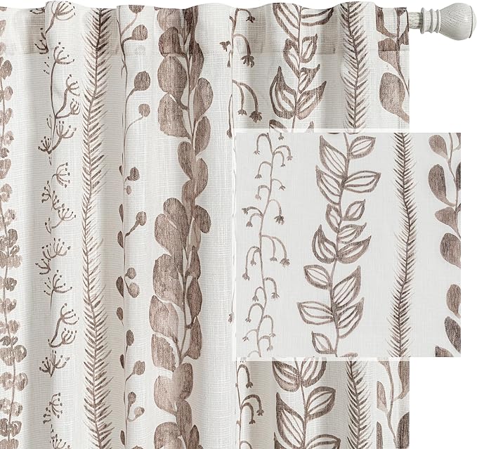 MEETSKY Boho Curtains for Bedroom Linen Style Boho Curtains 84 Inches Long 2 Panels Brown Semi Sheer Privacy Protection Drapes for Living Room Printed Window Treatment, 50x84 Inch