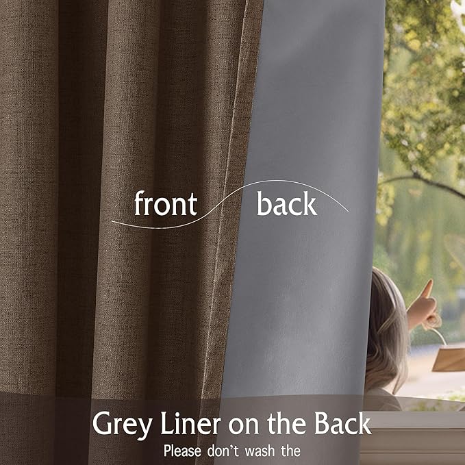 RYB HOME Coffee 100% Blackout Linen Curtains 78 inch Long, Thermal Insulated & Privacy Assurd Home Decor Drapes for Bedroom/Office/Nursery, Rod Pocket & Back Tab Window Treatment, W52 X L78, 2 Panels