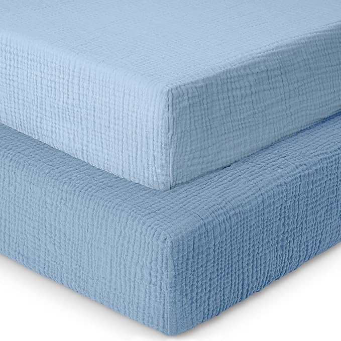 Dreamology Mini Muslin Crib Sheets,100% Cotton Mini Crib Sheets,2 Pack,Soft & Breathable,Crib Sheet,Girl,Boy,Pack n Play Sheets,Pack and Play Sheets Fitted,24x38 Mini Crib Sheet | Blue and Light Blue