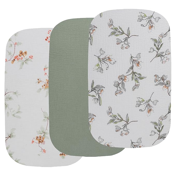 Onacosht Muslin Bassinet Sheets 3 Pack, 100% Cotton Baby Fitted Sheet 33" X 17" for Standard Rectangle Round Oval and Hourglass Bassinet Mattress, Green and Botanical