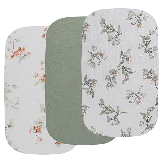 Onacosht Muslin Bassinet Sheets 3 Pack, 100% Cotton Baby Fitted Sheet 33" X 17" for Standard Rectangle Round Oval and Hourglass Bassinet Mattress, Green and Botanical