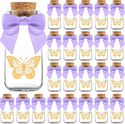 Ethisa Small 24 Pack Butterfly Party Favor Glass Bottles with Ribbons and Stickers - Vintage Baby Shower and Birthday Favors for Guests and Table Centerpieces Decorations - Purple Theme Candy Jar