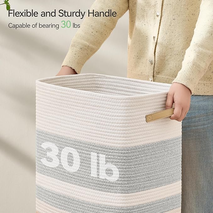 Laundry Hamper,Laundry Basket with Leather Handles,Woven Storage Basket for Toys,Pillows,Blankets,Clothes,Grey&White