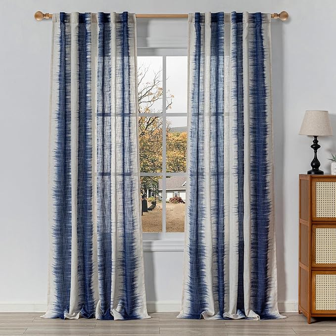 MYSKY HOME Navy Blue Curtains 95 Inch Length 2 Panels Set, Soft Touch Semi Sheer Lines Printed Linen Look Curtains & Drapes, Soft Light Filtering Privacy Protect, 50"x95", Navy Blue, 2 Pieces