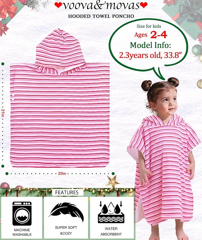 VOOVA & MOVAS Thick Double-Layered Baby Bath Towel (2-4 Years, 20x21 Inches) | Ultra Soft & Absorbent Cotton | Toddler Hooded Poncho Towel for Swimming, Beach, Shower & Winter, Pink Stripe