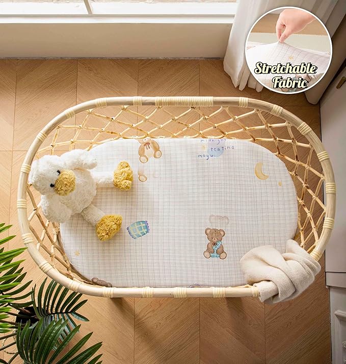 SDY Jersey Bassinet Sheets for Baby Girls,32 "x 16 "x 4", Pink Kawaii Bear Standard Oval/Retangle Bassinet Mattress Sheets for Toddler,Super Soft Breathable
